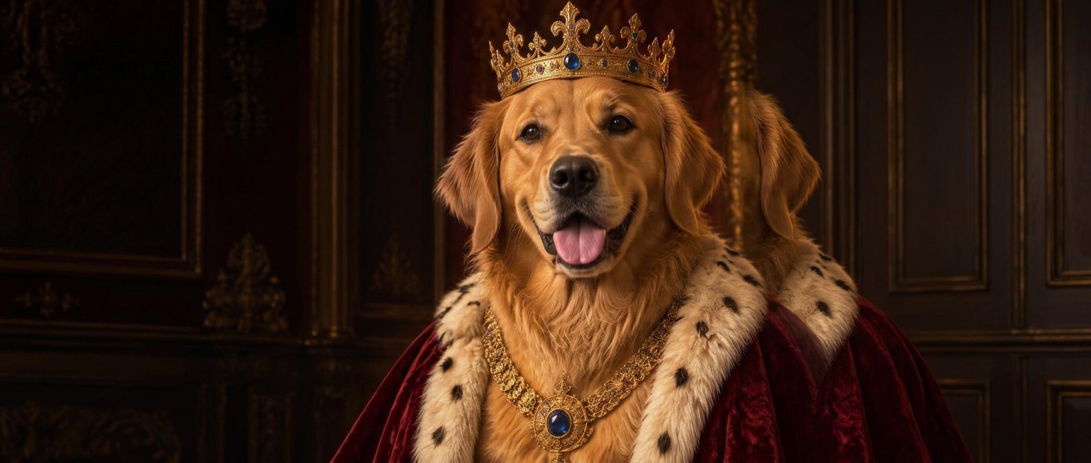 Golden retriever in a jewelled crown and red royal robe